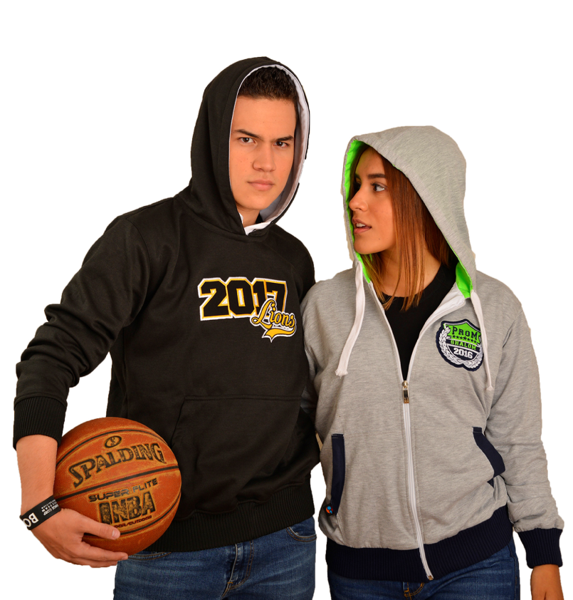 Dos personas con sudaderas con capucha personalizadas de Orange Corp.